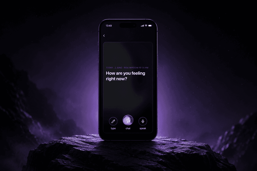 The Moment app check-in screen on a phone: “How are you feeling right now?” with type, chat, and speak options.